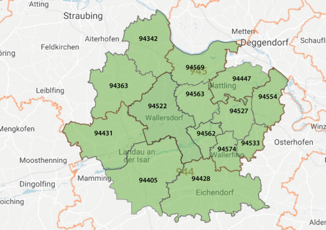 Karte der Postleitzahlen unseres kostenlosen Botendienstes Karte der Postleitzahlen unseres kostenlosen Botendienstes